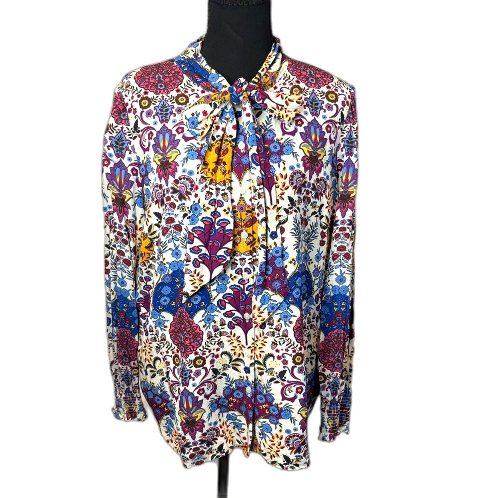 Talbots Long Sleeve Tie Neck Blouse Floral Paisley Print Vibrant Multi Size XL